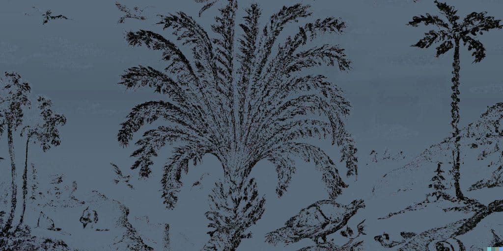 Engraving of a date palm tree with smaller palms, tinted blue-grey